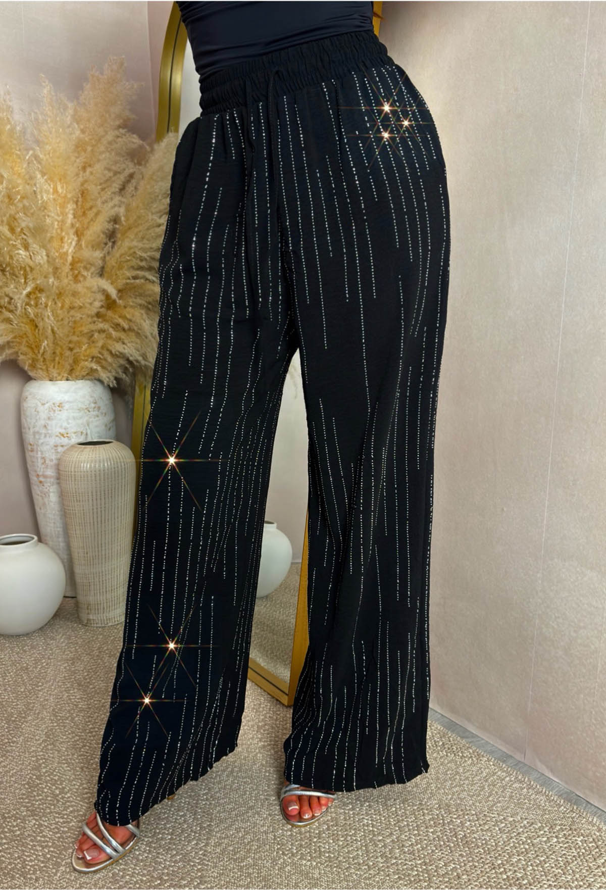 Flirty Sips Black Diamante Straight Leg Elasticated Trousers