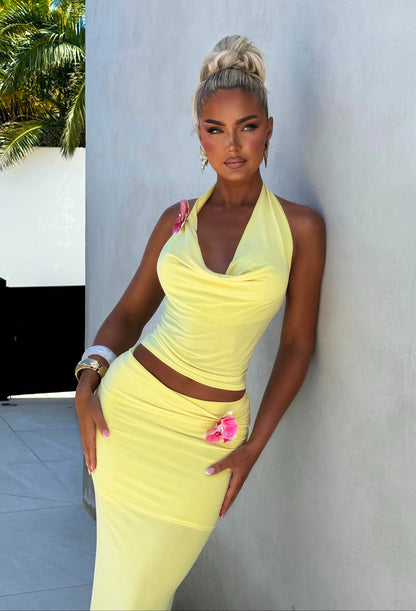 Floral Fantasies Lemon Flower Embellished Top & Maxi Skirt Co-ord Set
