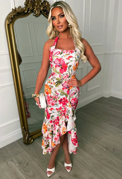 Floral Fantasy Multi Frill Front Halter Floral Midi Dress