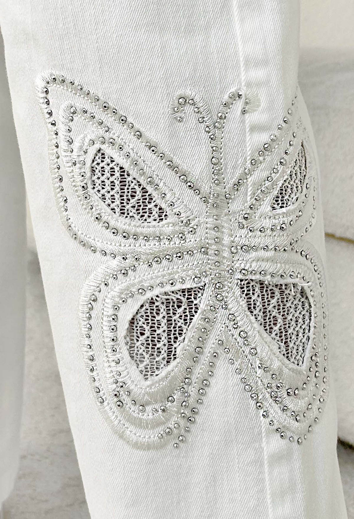 Flutter Effect White Butterfly Sparkling Stretch Straight Leg Jeans