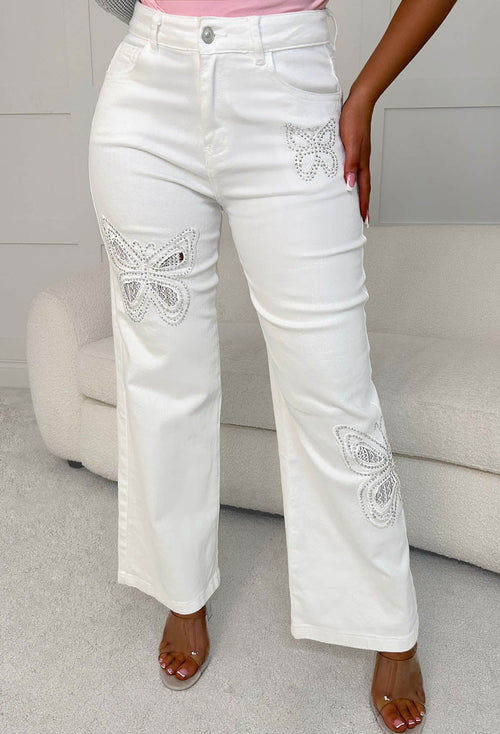 Flutter Effect White Butterfly Sparkling Stretch Straight Leg Jeans