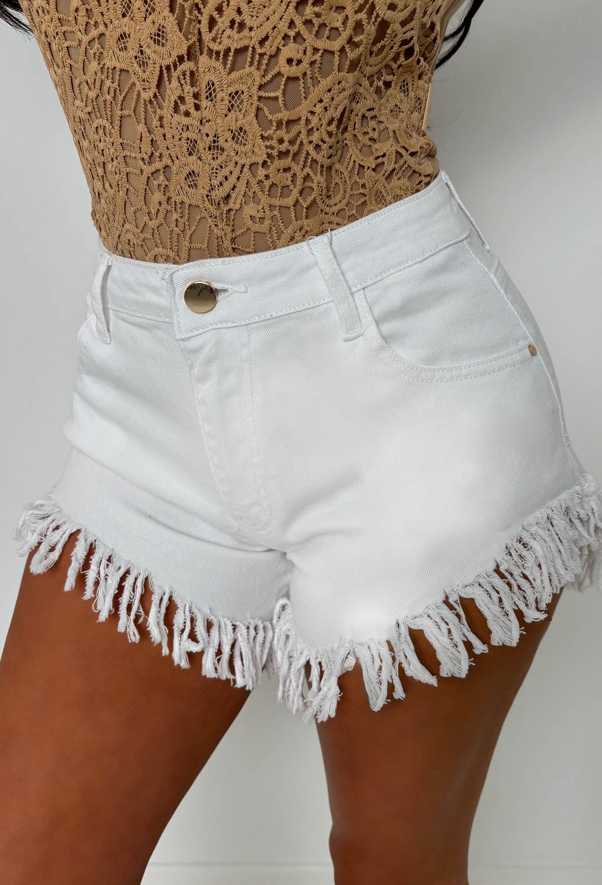 Frayed & Frantic White Stretch Frayed Cut Off Denim Shorts