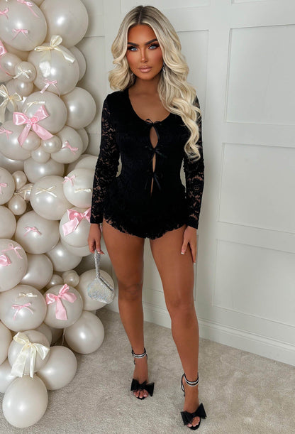 French Fancie Black Frilly Bow Front Backless Playsuit