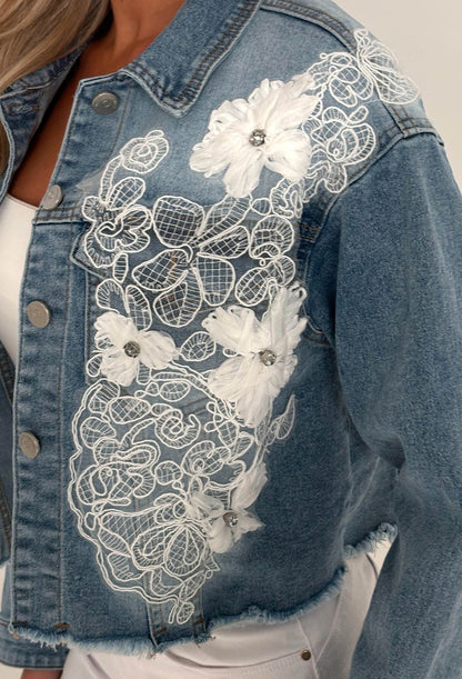 Frida Mid Blue Stretch Denim Lace & Flower Jacket