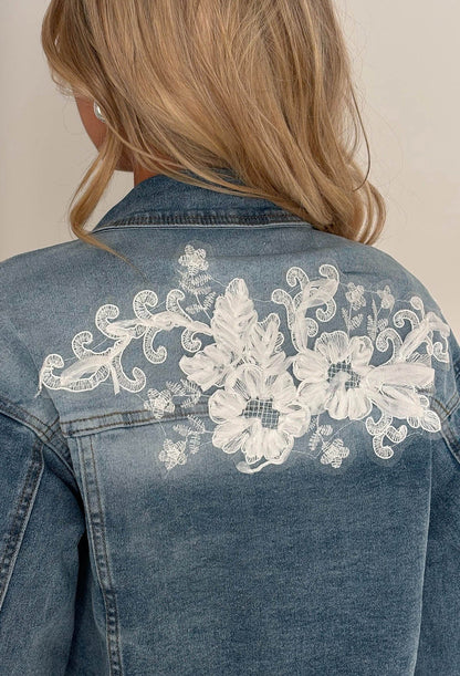 Frida Mid Blue Stretch Denim Lace & Flower Jacket