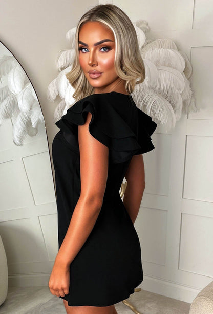 Frill Affair Black Ruffle Sleeve Mini Dress