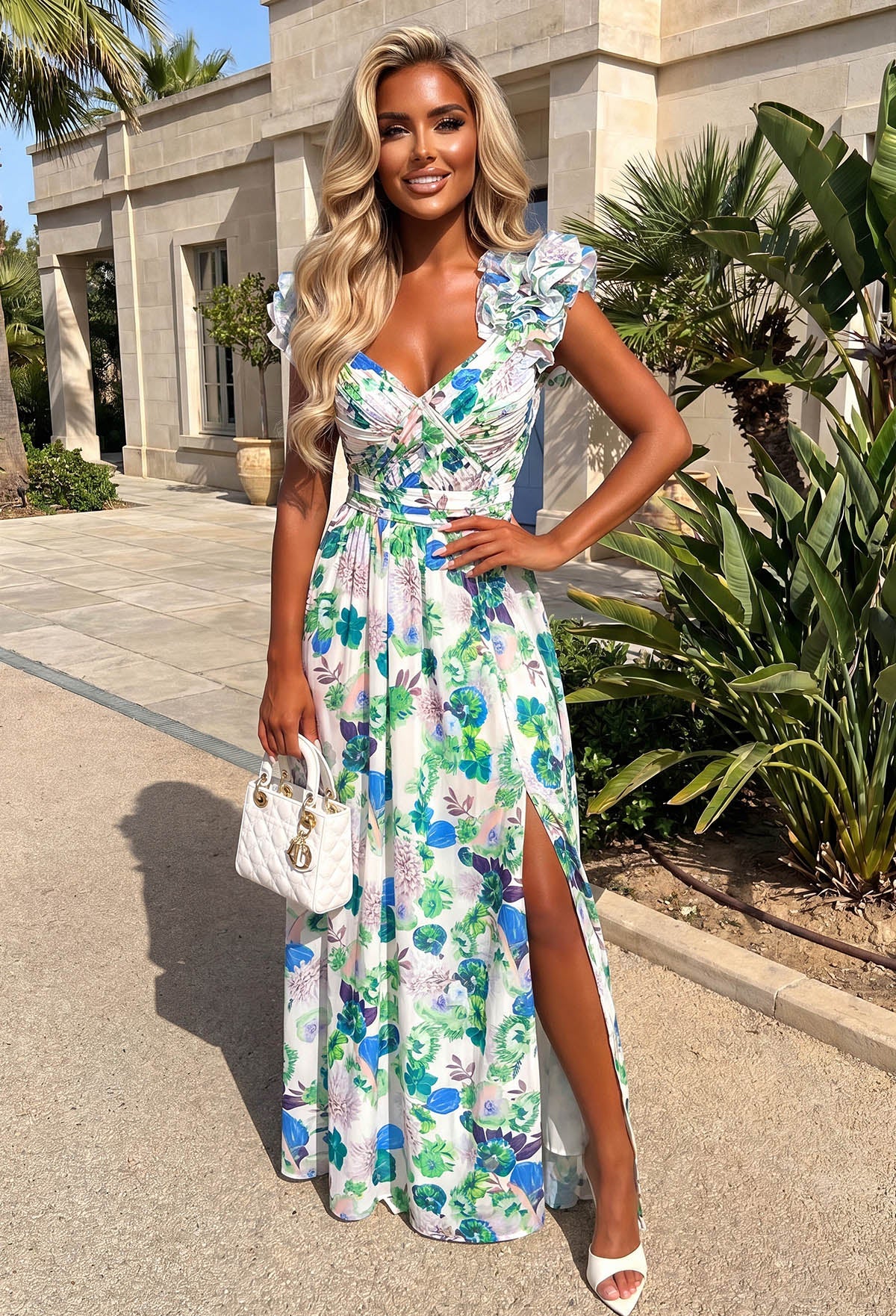 Frill Fantasy Blue Frill Shoulder Floral Maxi Dress