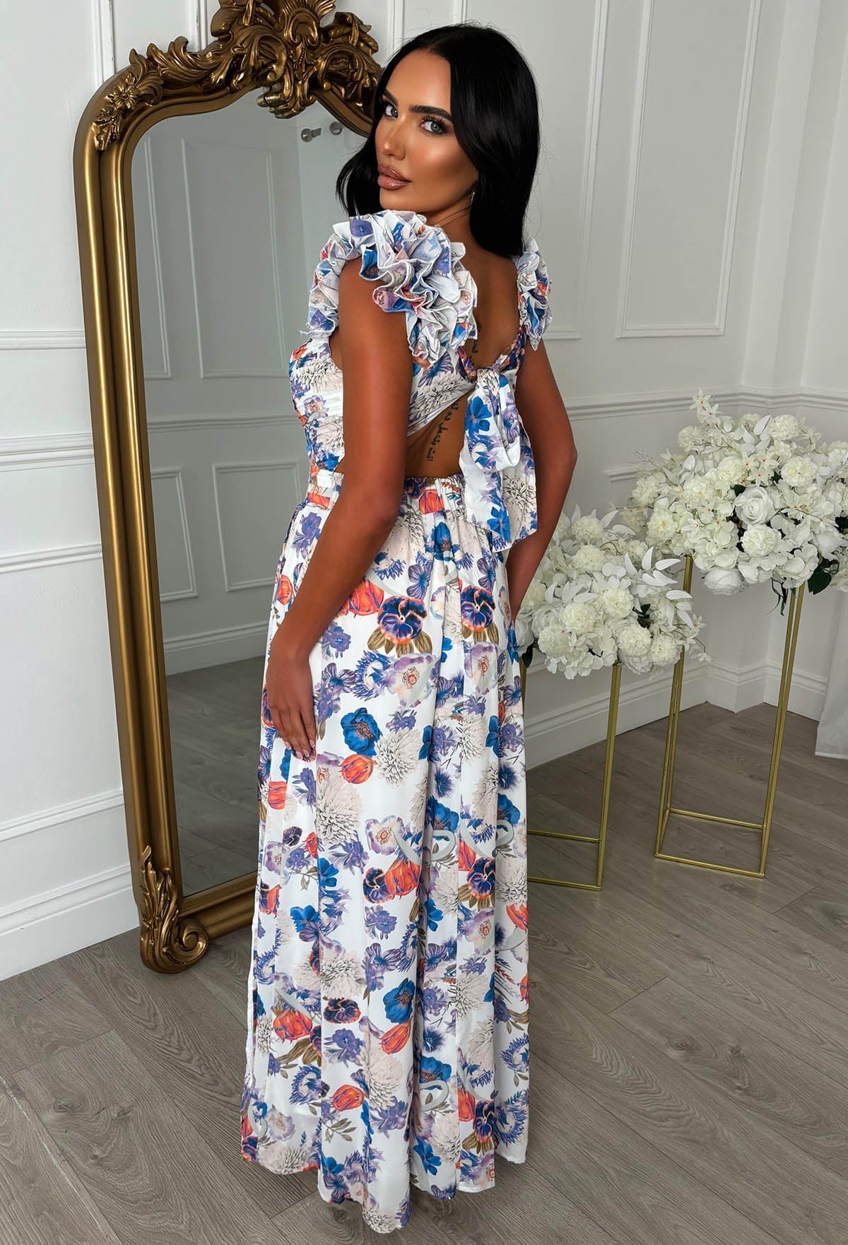 Frill Fantasy Lilac Frill Shoulder Floral Maxi Dress