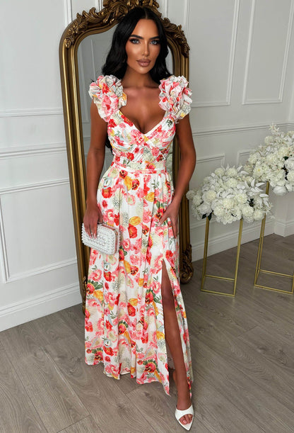Frill Fantasy Pink Frill Shoulder Floral Maxi Dress