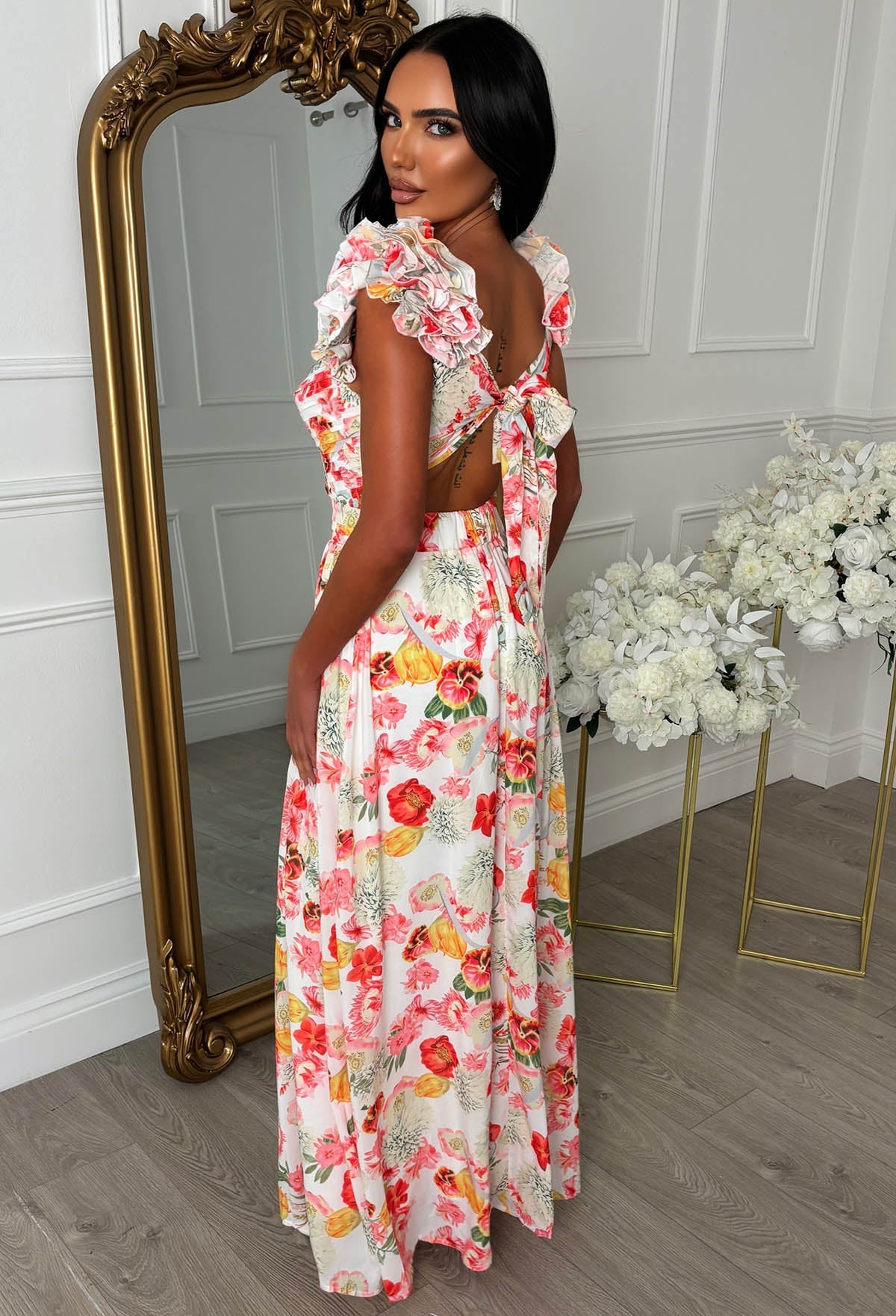 Frill Fantasy Pink Frill Shoulder Floral Maxi Dress