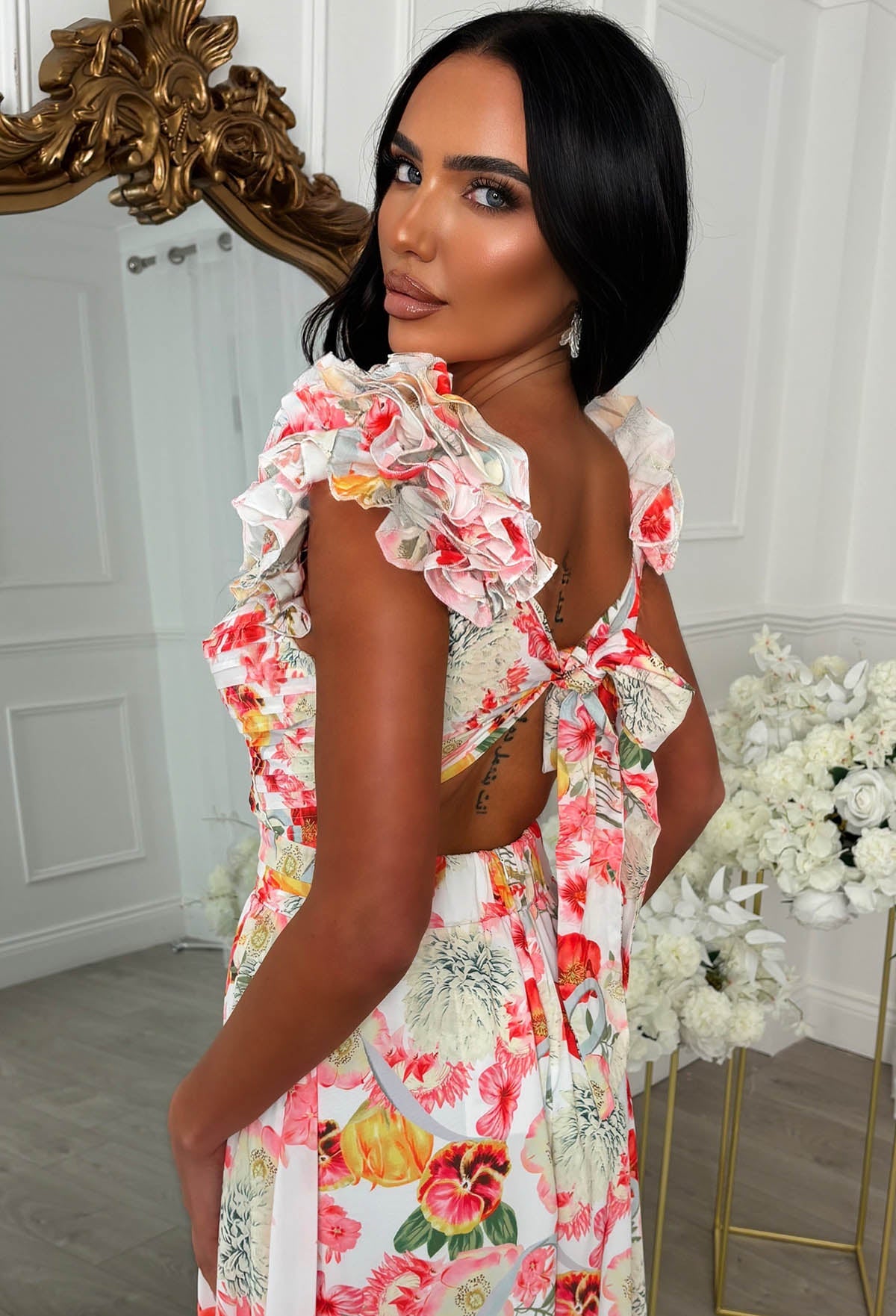 Frill Fantasy Pink Frill Shoulder Floral Maxi Dress