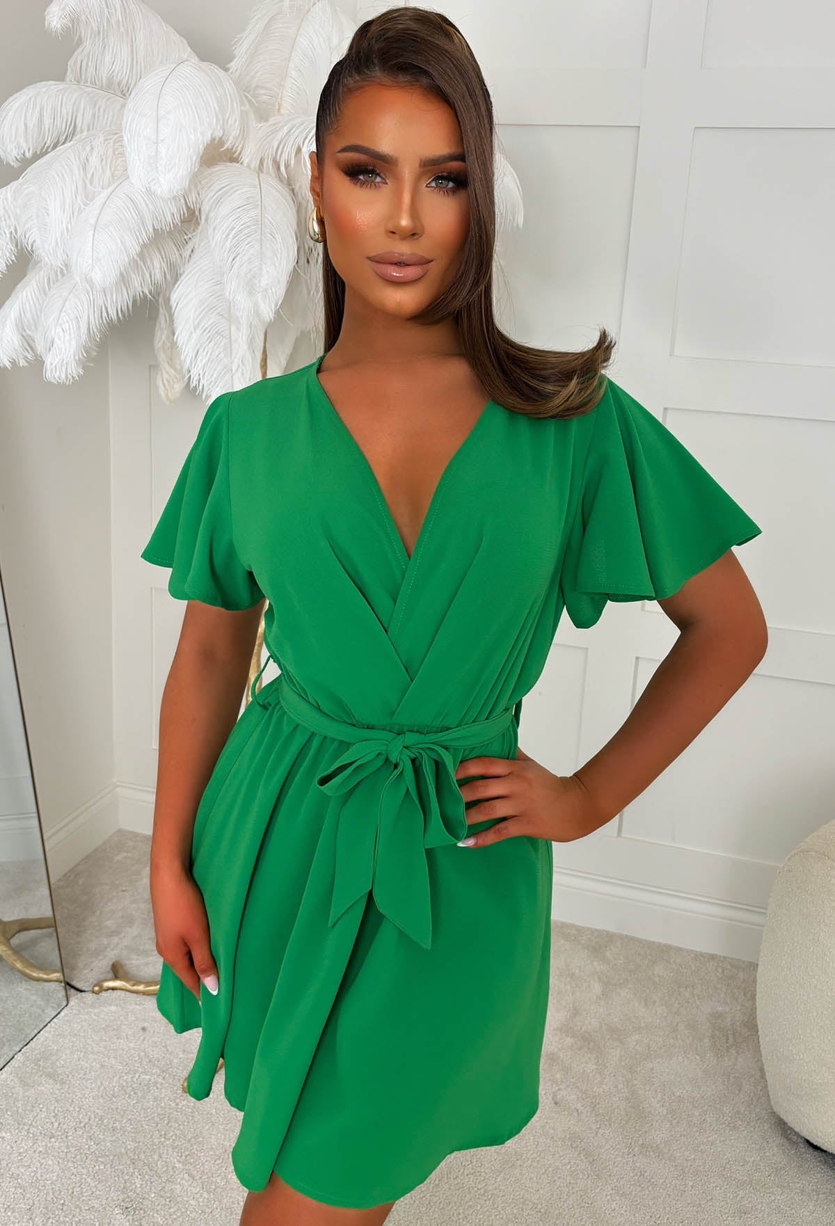Fun To Be Free Green V Neck Elasticated Waist Belted Mini Dress