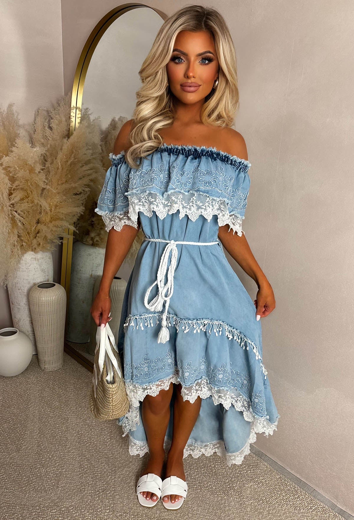 Fun To Flirt Blue Bardot Boho Lace Trim Chambray Dress