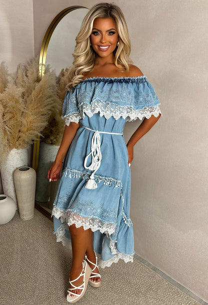 Fun To Flirt Blue Bardot Boho Lace Trim Chambray Dress
