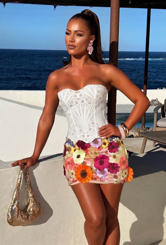 Gardenia Blooms Multi Flower Applique Mini Skirt