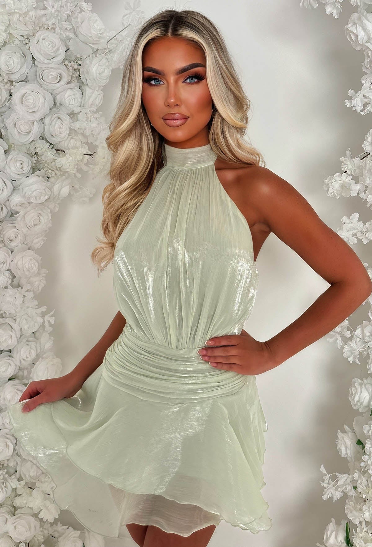 Gathered For Glam Sage Halter Ruffle Mini Dress