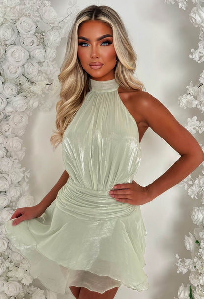 Gathered For Glam Sage Halter Ruffle Mini Dress