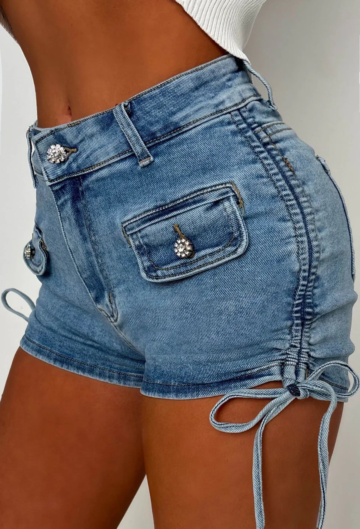 Gathered Up Mid Wash Stretch Denim Side Ruched Diamante Shorts