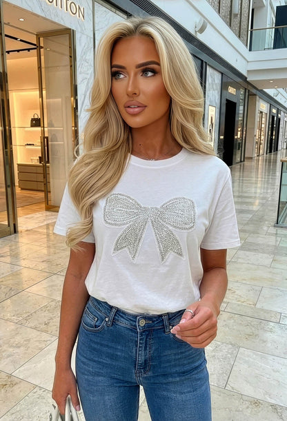 Gemini White Bow Embellished T-shirt