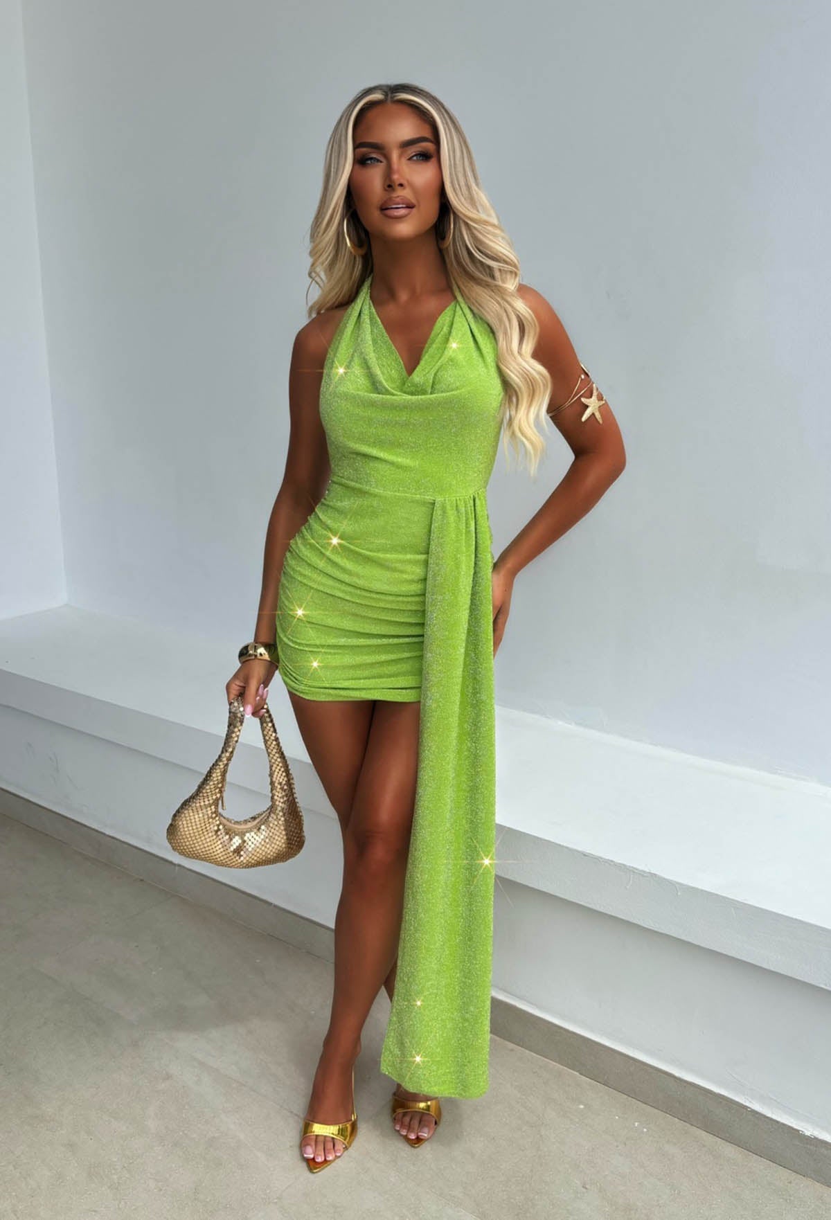 Genesis Lime Lurex Drape Mini Dress