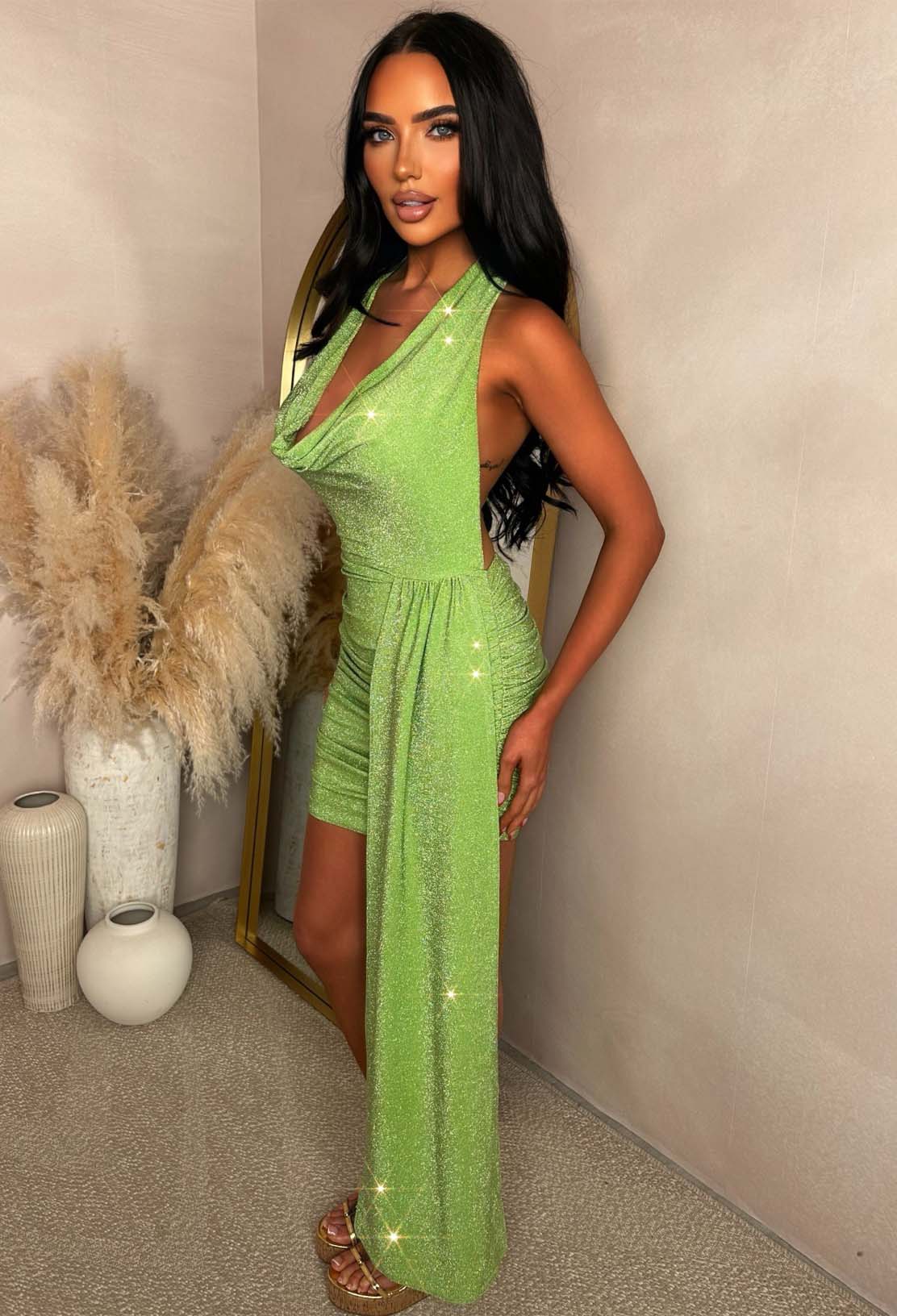 Genesis Lime Lurex Drape Mini Dress
