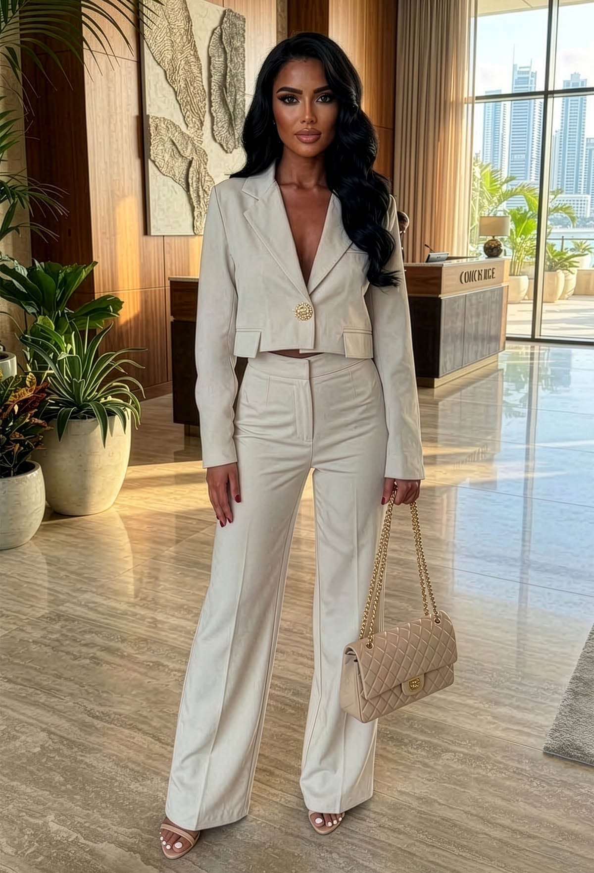 Gilded Grace Nude Cropped Gold Pin Button Blazer