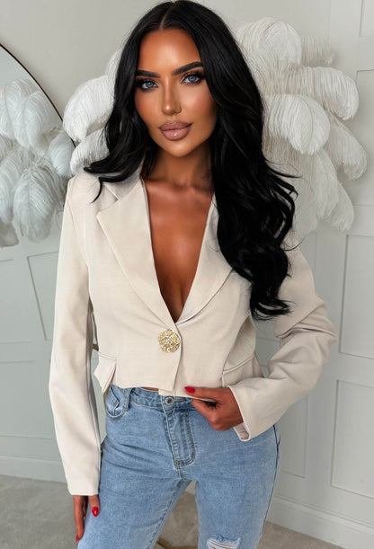 Gilded Grace Nude Cropped Gold Pin Button Blazer