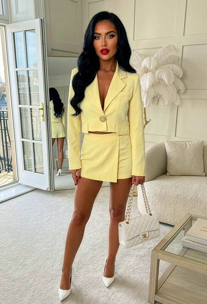 Gilded Grace Yellow Cropped Gold Pin Button Blazer