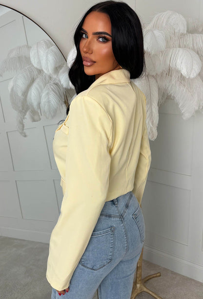Gilded Grace Yellow Cropped Gold Pin Button Blazer