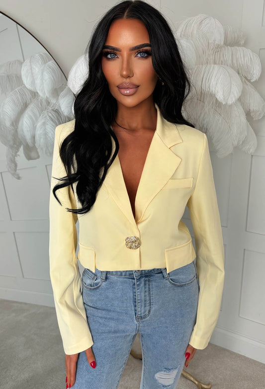 Gilded Grace Yellow Cropped Gold Pin Button Blazer