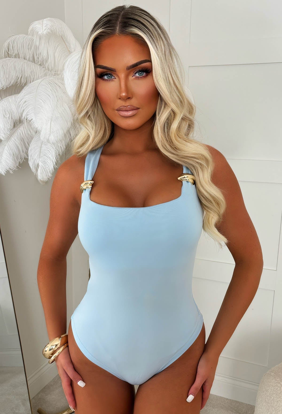 Girl Crush Light Blue Gold Buckle Stretch Bodysuit