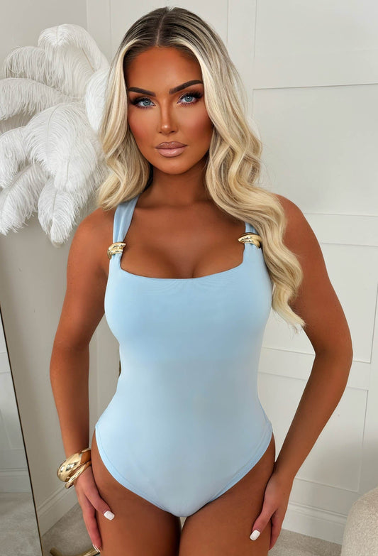 Girl Crush Light Blue Gold Buckle Stretch Bodysuit