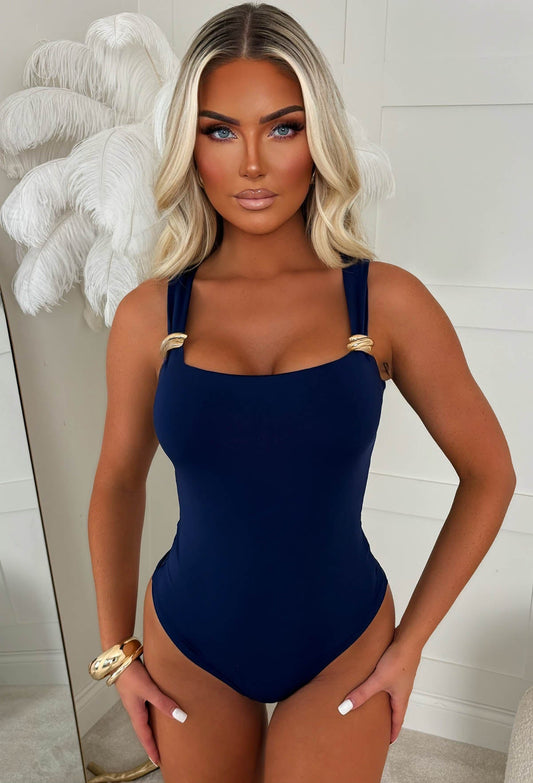 Girl Crush Navy Gold Buckle Stretch Bodysuit