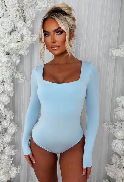 Girl Like Me Light Blue Square Neck Long Sleeve Bodysuit