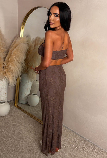 Glamorous As Ever Brown Lace Bandeau Top & Maxi Skirt Co-Ord Set