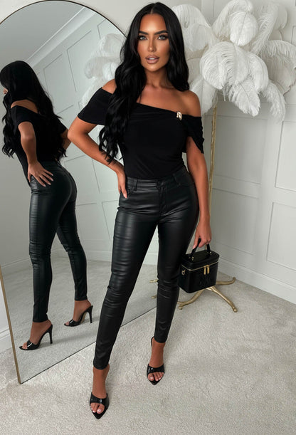 Gleam Curve Black Bardot Gold Detail Asymmetric Top