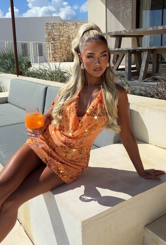 Glistening Girl Coral Beaded Sequin Halter Mini Dress