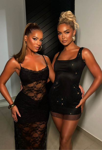 Glittered Grace Black Crystal Net Mini Dress