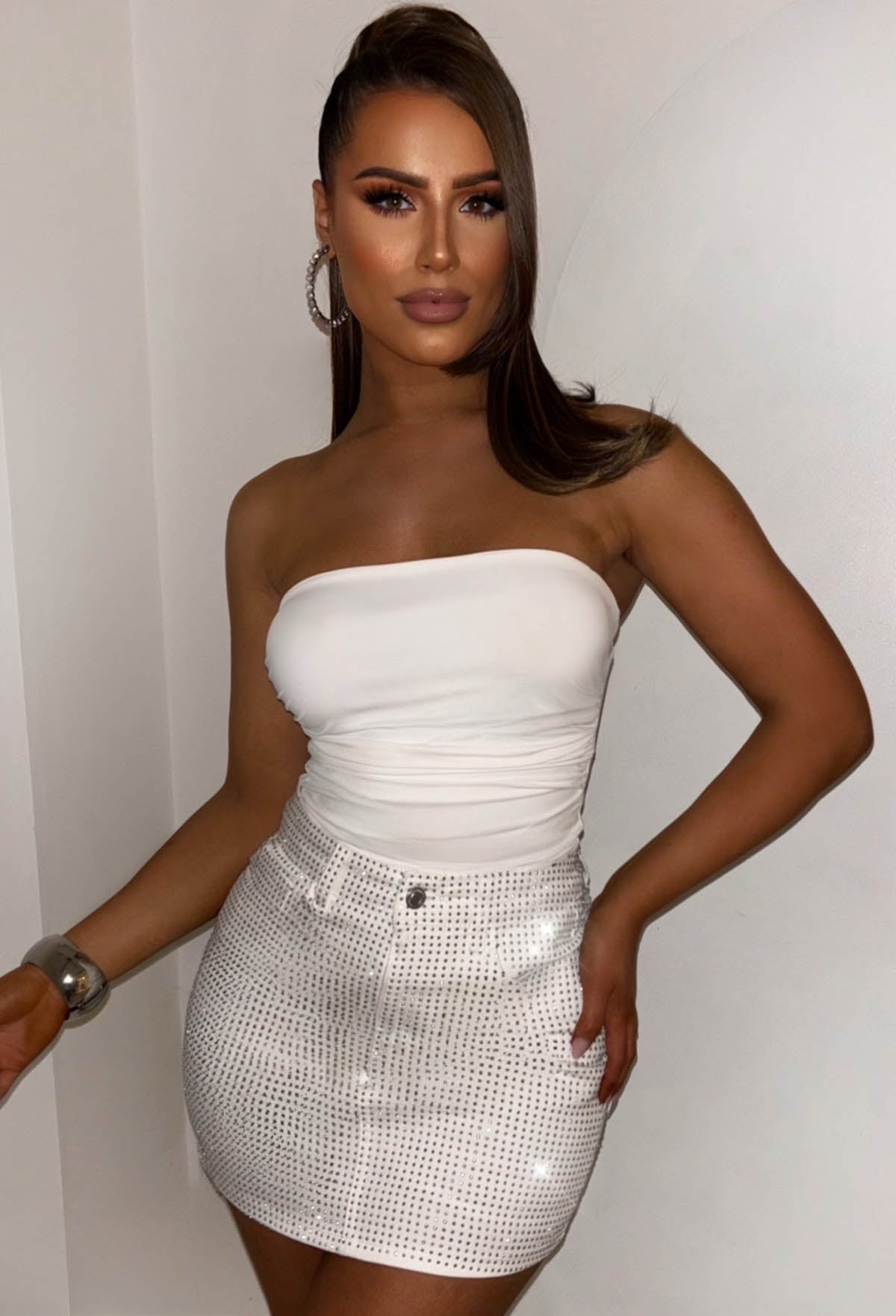 Glow Up White Stretch Sparkle Mini Skirt