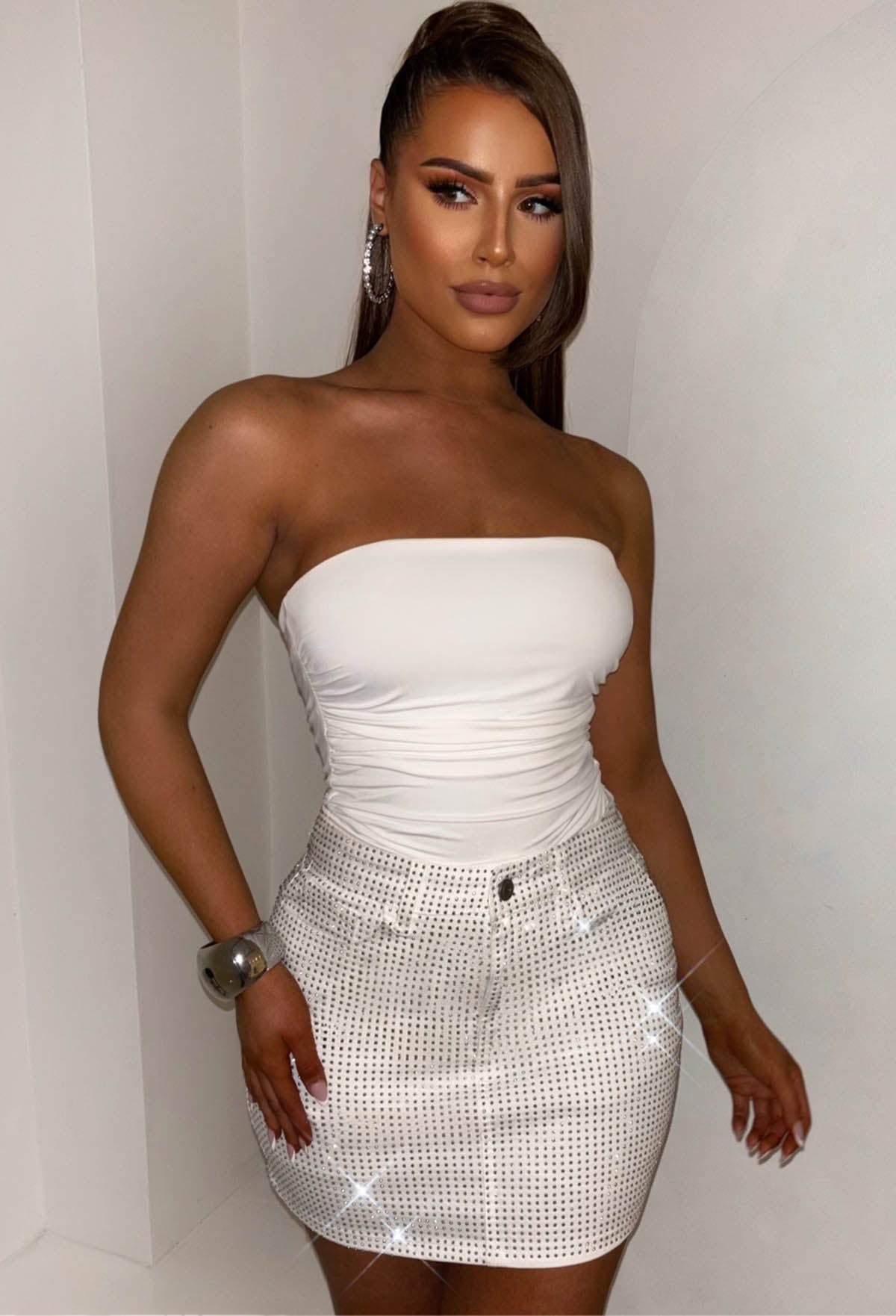 Glow Up White Stretch Sparkle Mini Skirt