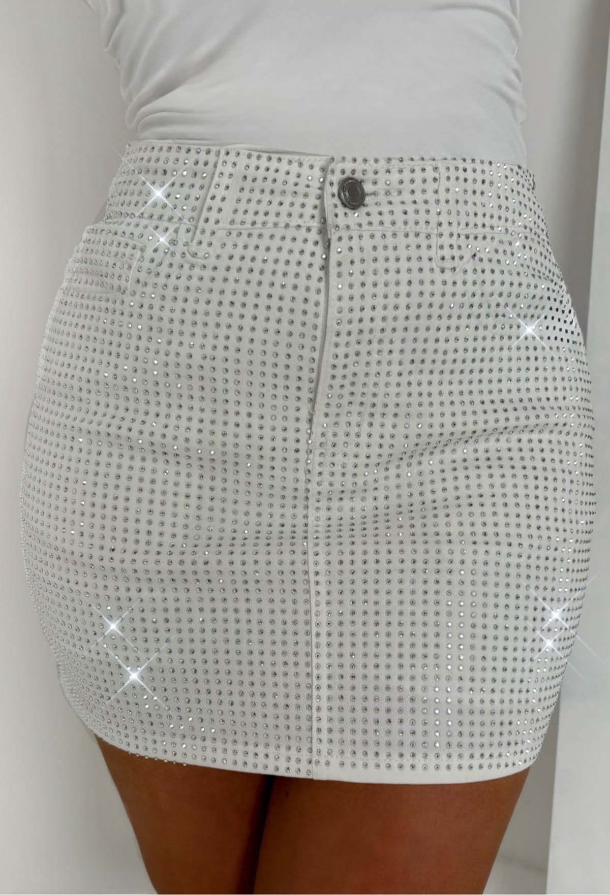 Glow Up White Stretch Sparkle Mini Skirt