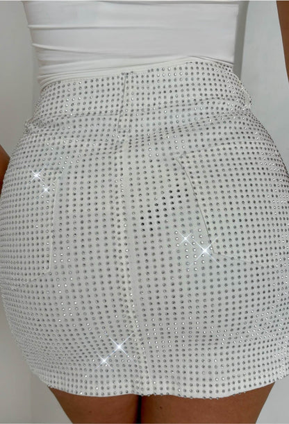 Glow Up White Stretch Sparkle Mini Skirt