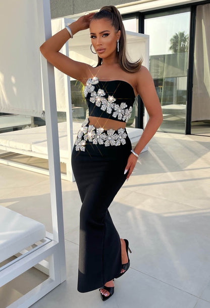 Goddess Mode On Black Diamante Flower Maxi Skirt Co-Ord Set