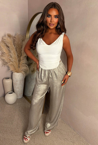 Golden Glow Champagne Metallic Drawstring Straight Trousers