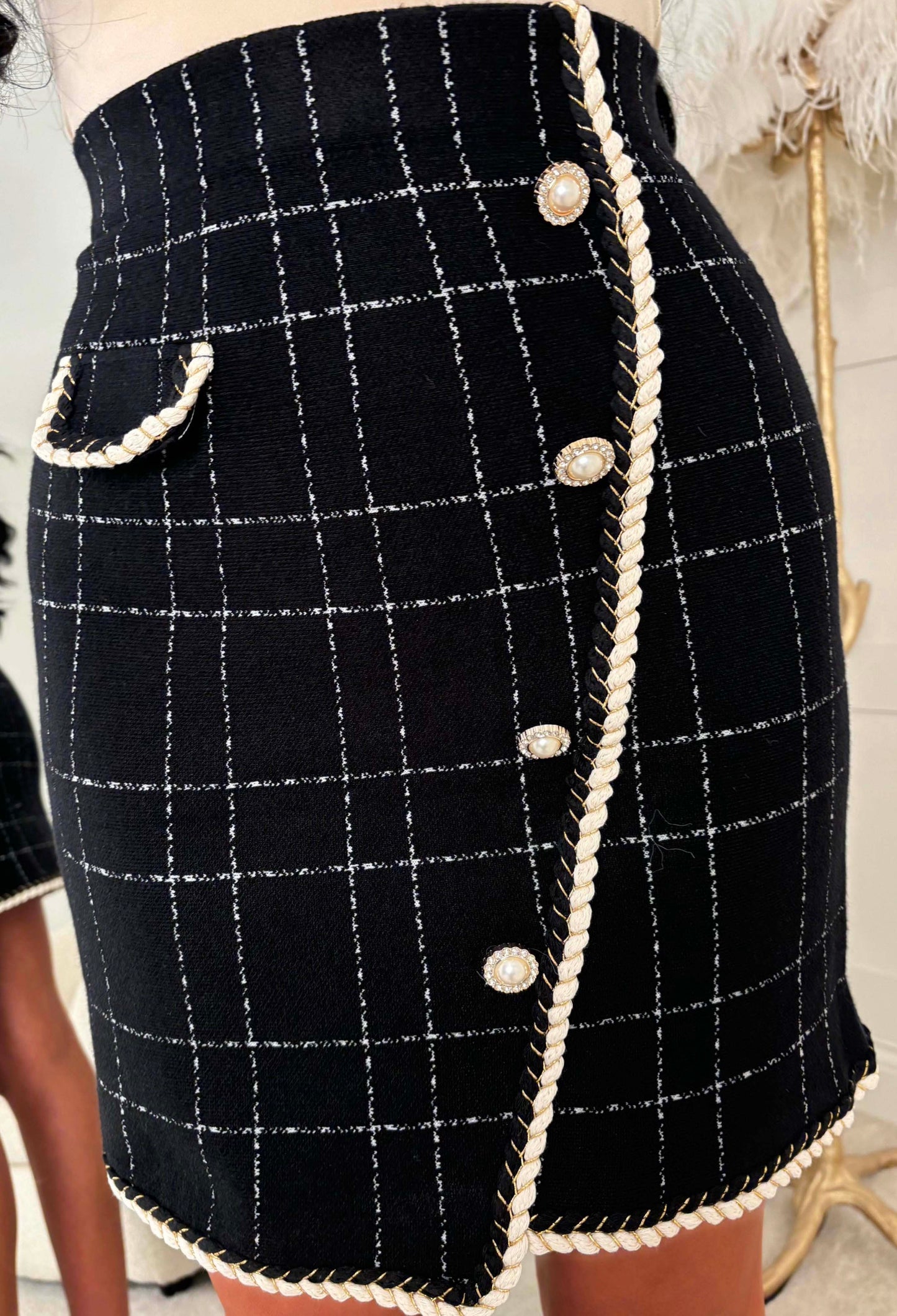 Gossiping Always Black Button Detail Tweed Skirt