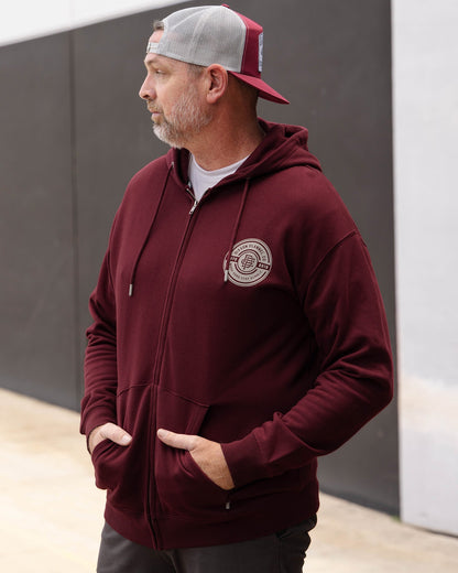 Gray Work Hard Badge Zip Up - Maroon