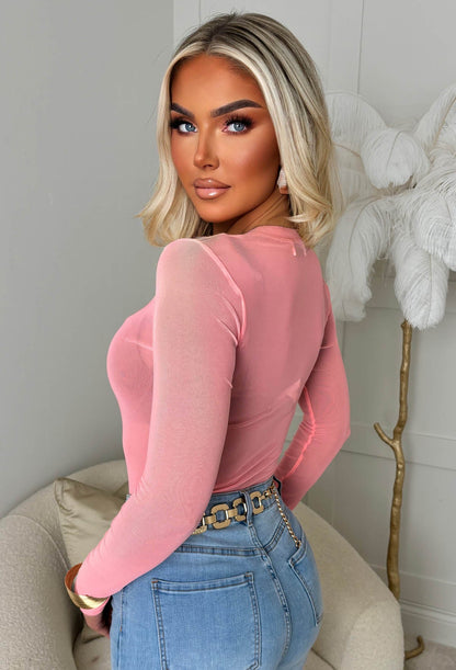 Hard To Miss Coral Sheer Mesh Bodysuit
