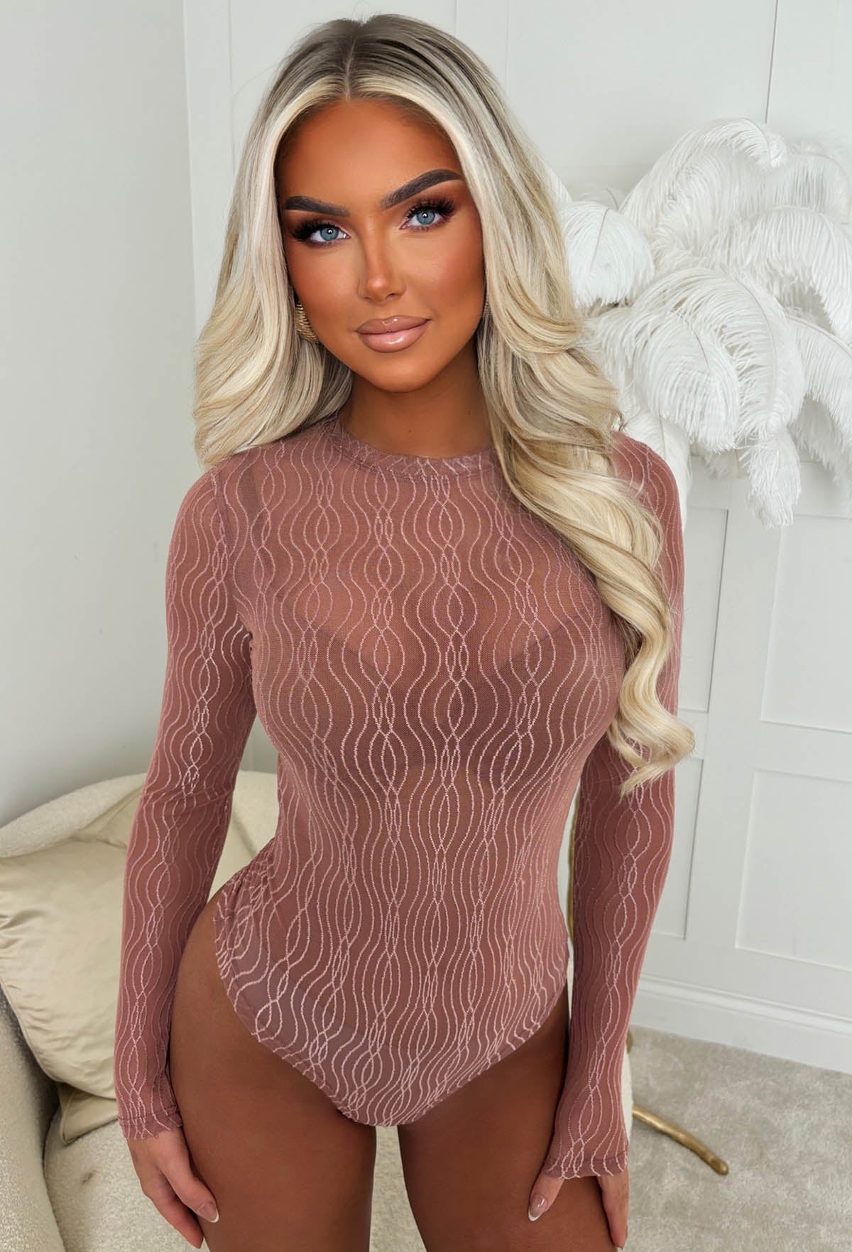 Hard To Miss Light Pink Textured Mesh Bodysuit