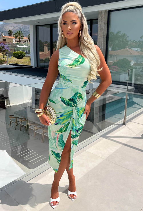 Heatwave Hottie Green Twist Front One Shoulder Leaf Print Ruched Back Dress