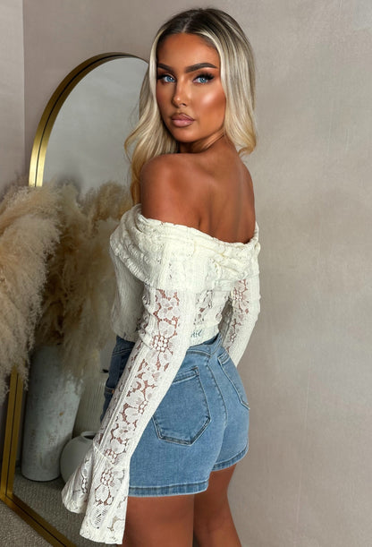 Heavenly Haze Cream Lace Off Shoulder Top